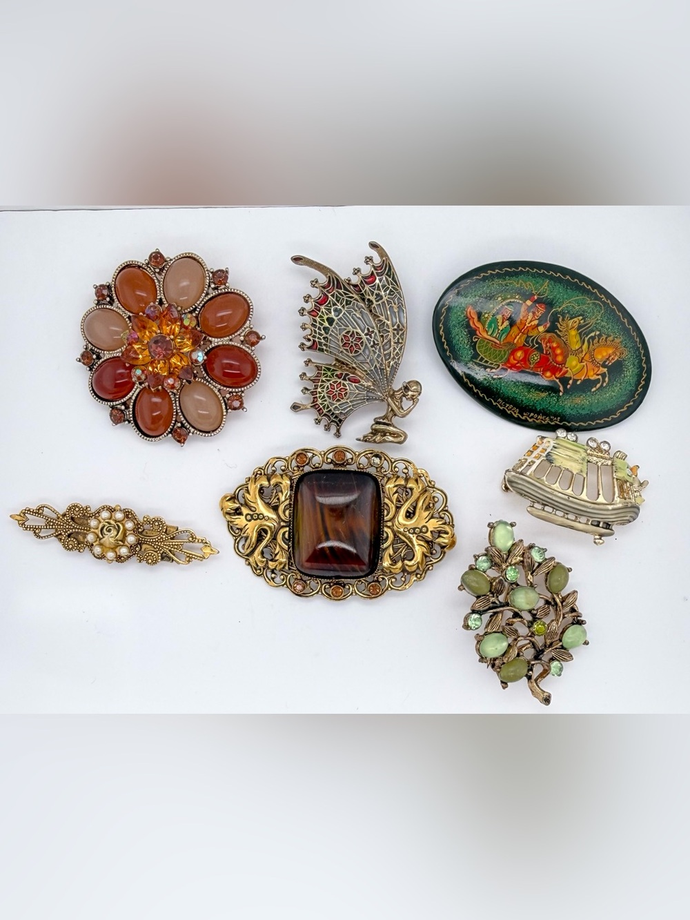 BIG Chunky Vintage Estate Brooch Pin lot Russian Lacquer Fairy Flower Leaf Vine